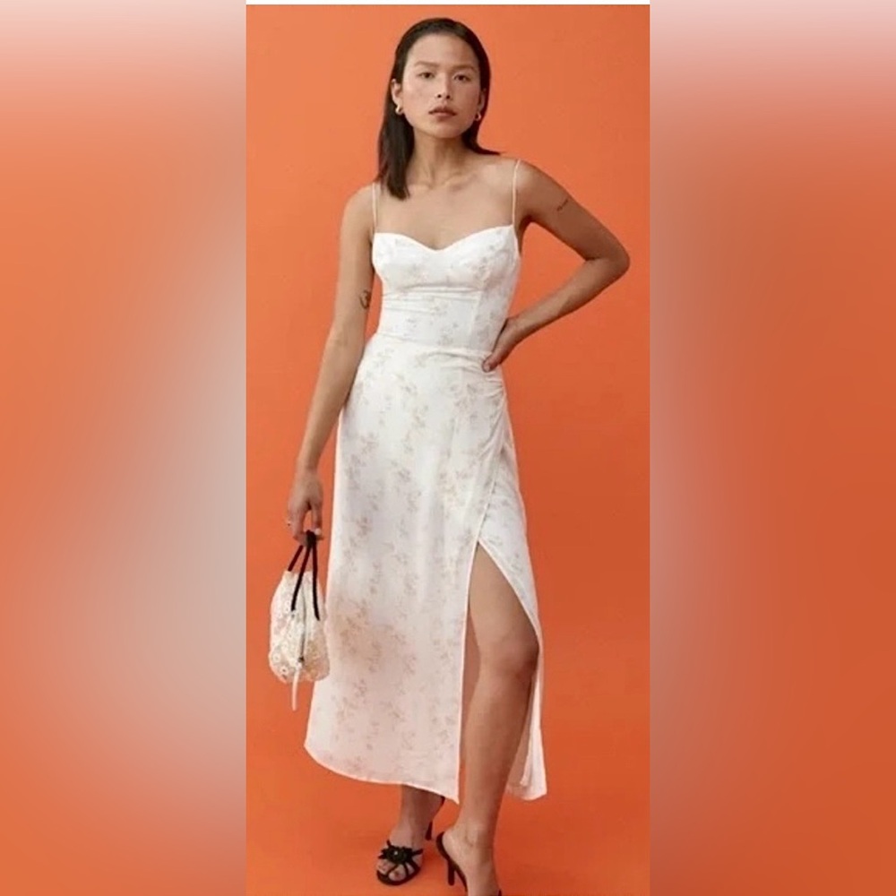 Reformation Moonsea Floral Midi Dress Revealing Leg Slit Low Cut in Cream Size 2